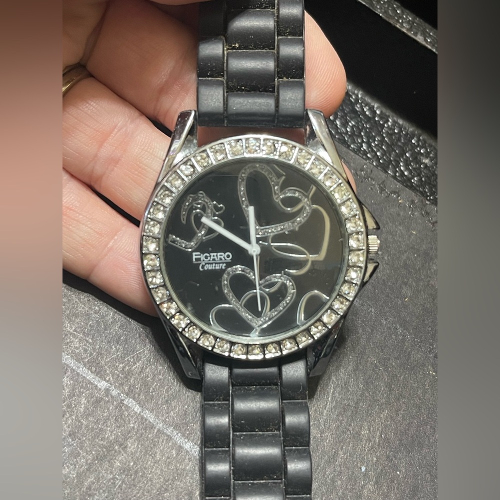 Ladies Figaro Couture Silver Sparkle heart Watch